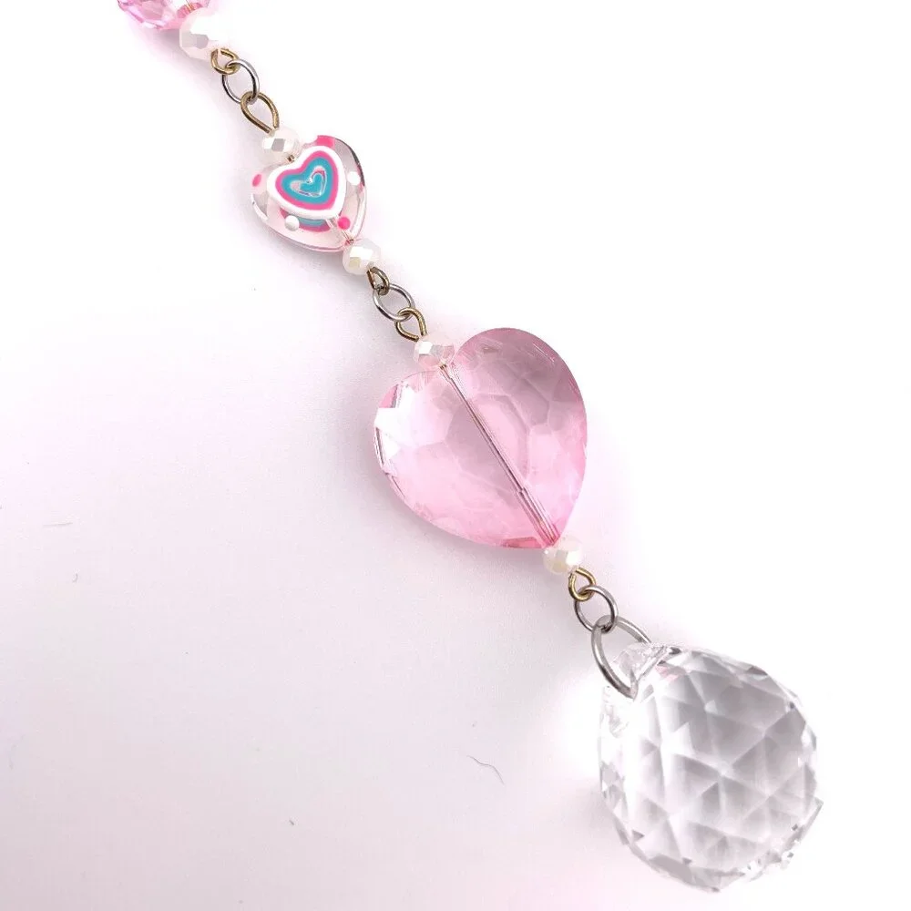 Pink Heart Crystal Glass Beads Pink & Blue Rearview Car Charm Suncatcher CC114